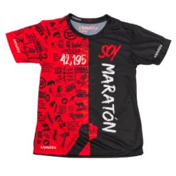 CAMISETA DE RUNNING #SOYMARATON Para MUJER - KAMUABU Color ROJO/NEGRO 110grs